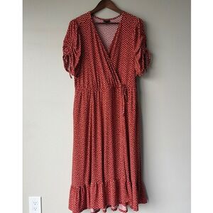 Torrid Rust Red Polka Dot Faux Wrap Midi Dress Puff Sleeve Ruffle Hem Size 2